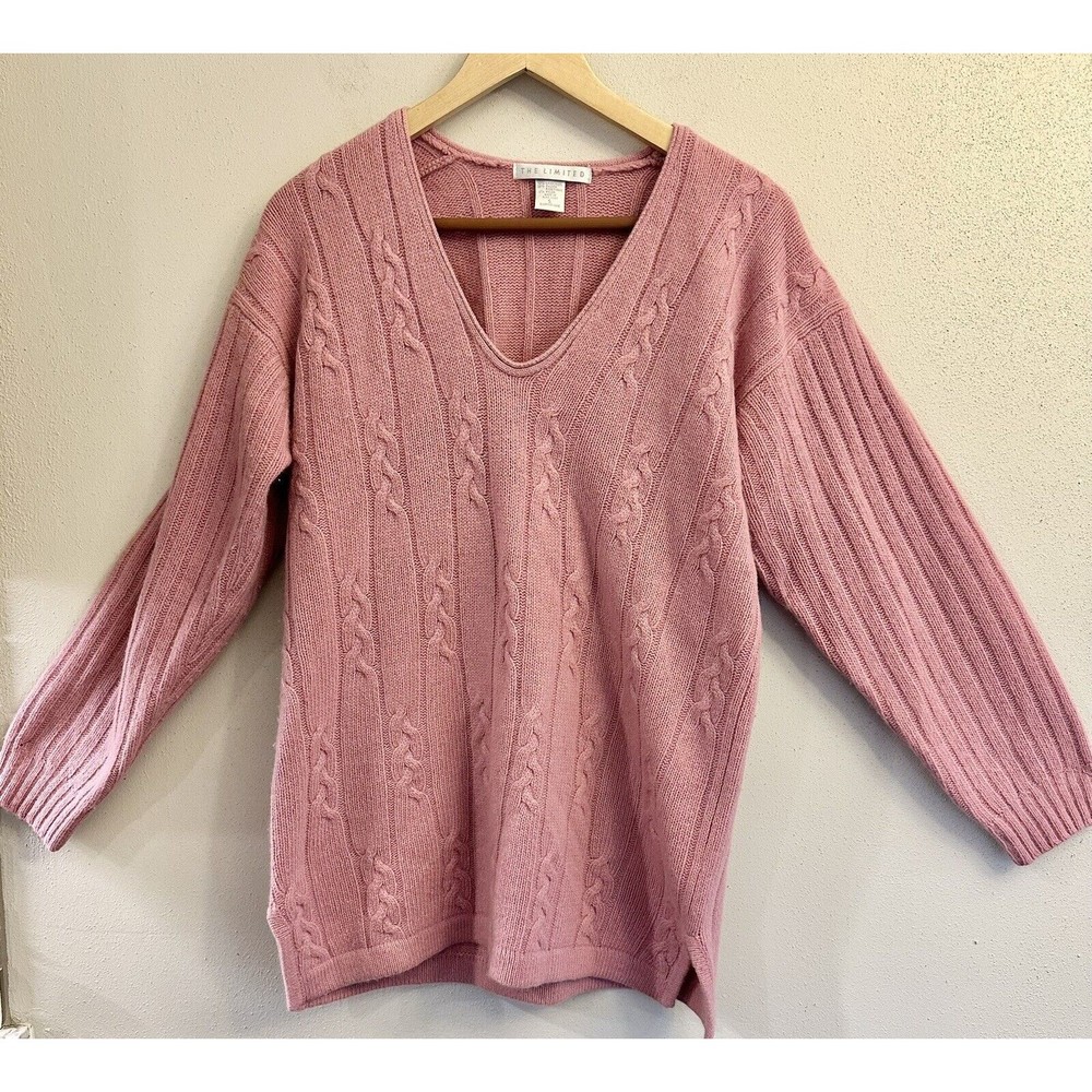 Lambswool Angora Sweater The Limited Pale Pink V-neck Small long cable knit soft